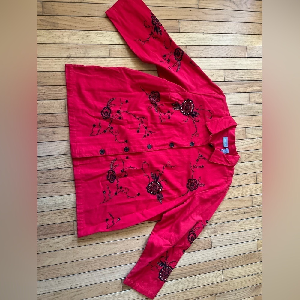 liz and me button blouse women’s Size 2X Red Embroid Beaded Asian Career Floral